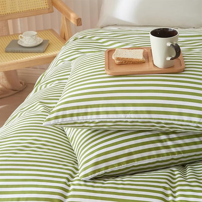mixinni Striped Comforter Set Queen Size - Green White Stripes Pattern Bed Set for All Season, 3 Pieces Lightweight Bedding Comforter Sets for All Seasons (1 Soft Fluffy Comforter + 2 Pillowcases)