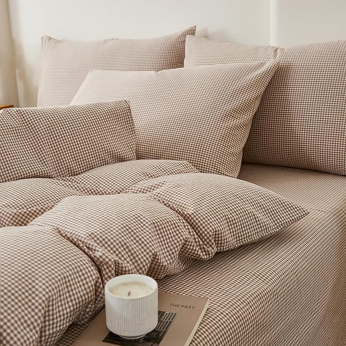 EAVD Tan Plaid Gingham Duvet Cover Full Soft 100% Washed Cotton Reversible Tan and White Plaid Duvet Cover with 2 Pillowcases Farmhouse Ginggham Bedding Set with Zipper Closure