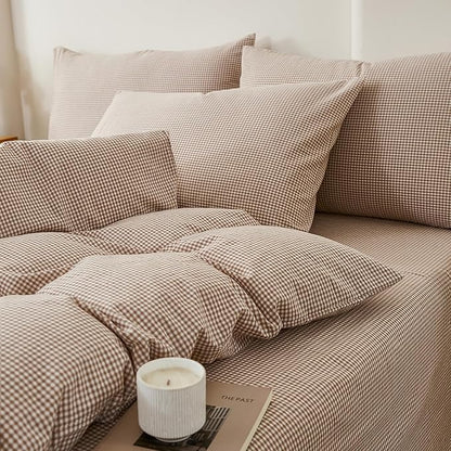 EAVD Tan Plaid Gingham Duvet Cover Twin Soft 100% Washed Cotton Reversible Tan and White Plaid Duvet Cover with 2 Pillowcases Farmhouse Ginggham Bedding Set with Zipper Closure
