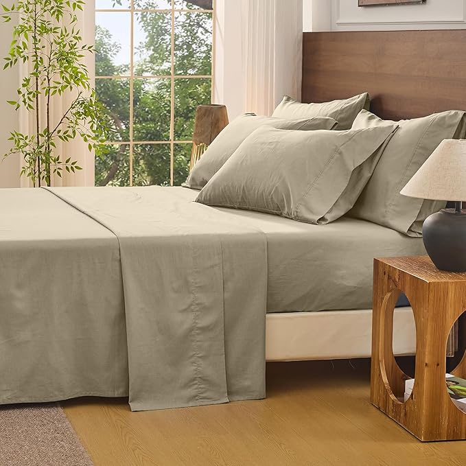 Bedlifes 100% French Flax Linen Sheets Set California King Size-6 Piece Extra Deep Pocket 18-24",Soft Breathable Cal King Bed Sheets with Temperature Regulating & Moisture-Wicking(Taupe)