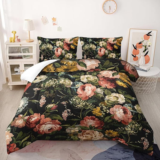 Black Floral Comforter Set King Colorful Floral Bedding Sets 3PCS for Kids Teen Adult Flowers Leaves Room Decor Ultra-Soft Lightweight Microfiber 1 Comforter with 2 Pillowcases