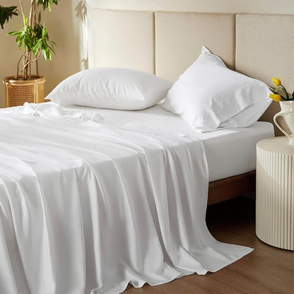 Bedsure Cooling Sheets Twin, Rayon Derived from Bamboo, PureWoven, Breathable & Soft, Deep Pocket Up to 16 Inches, Hotel Luxury Silky Bedding for Hot Sleepers, White