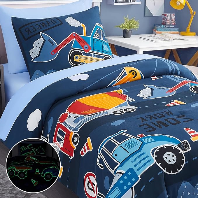 Twin Comforter Set for Boys-5 Pieces Truck Tractor Excavator Glow in the Dark Twin Bedding Sets for Kids, Ultra Soft Bed in A Bag with Sheets