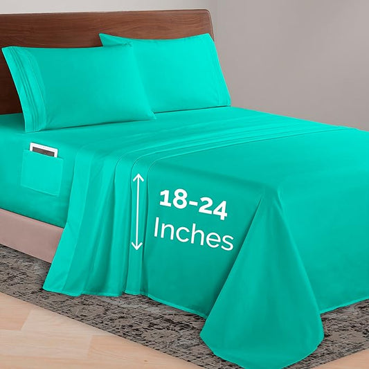 Elegant Comfort Luxurious 1500 Premium Hotel Quality Microfiber 4-Piece Sheet Set, 18-24 Inches Deep - Extra Deep Pocket Sheets - Ultra Soft 4PC Deep Pocket Sheets, Twin/Twin XL, Paradise Teal