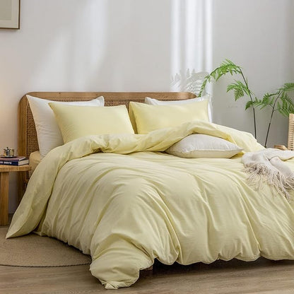 BESTOUCH Duvet Cover Set 100% Washed Cotton Linen Feel Super Soft Comfortable Chic Lightweight 3 PCs Home Bedding Set Solid Light Yellow King