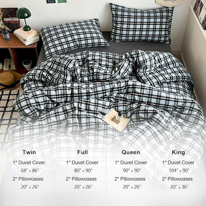 EAVD Vintage Light Blue Grey Buffalo Plaid Duvet Cover Queen Soft Washed Cotton Gingham Bedding Set with Grid Checkered Pattern Farmhouse Geometric Duvet Cover with 2 Pillowcases for Boys Men Women