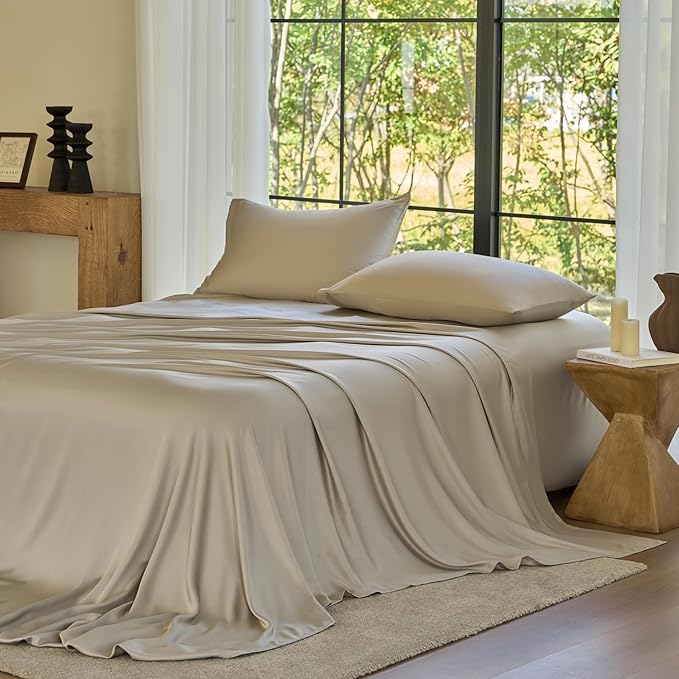 DOZ Sheet Set, 100% Viscose derived from Bamboo, Organically Grown, Buttery Soft, Cooling Sheets, High GSM, Deep Pockets - 4 Piece - 2 Pillowcases 1 Fitted Sheet 1 Top Sheet (Fog, King)