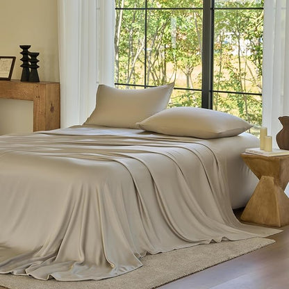 DOZ Sheet Set, 100% Viscose derived from Bamboo, Organically Grown, Buttery Soft, Cooling Sheets, High GSM, Deep Pockets - 4 Piece - 2 Pillowcases 1 Fitted Sheet 1 Top Sheet (Fog, King)