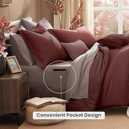 Monbix California King Comforter Set - 7 Pieces Cationic Dyeing Dark Red Bed in a Bag Cal King Bedding Sets with Comforter, Sheets, Pillowcases & Shams, Reversible Bedding Comforters Sets