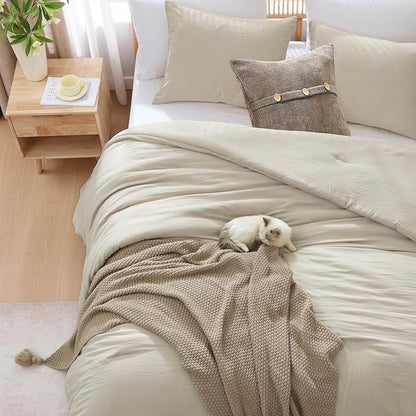 WRENSONGE King Size Comforter Set - 3 Pieces Light Oatmeal Comforter Prewashed Soft Lightweight for All Seasons,Fluffy Down Alternative Comforter King Size with 2 Pillow Shams