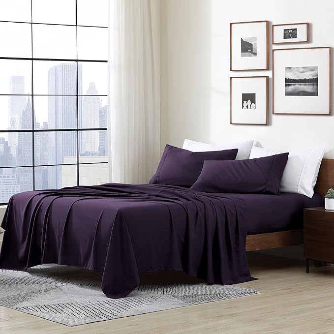Cathay Home Essentials Ultra Soft Hypoallergenic Wrinkle Resistant Double Brushed Microfiber Bedding Sheet Set, Eggplant, California King