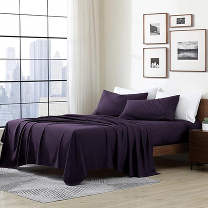 Cathay Home Essentials Ultra Soft Hypoallergenic Wrinkle Resistant Double Brushed Microfiber Bedding Sheet Set, Eggplant, California King