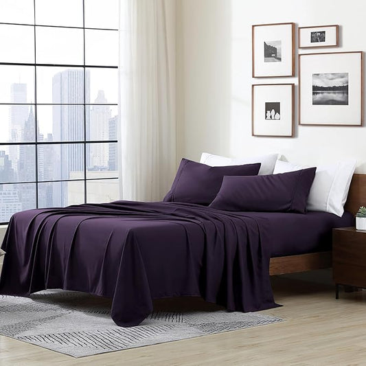 Cathay Home Essentials Ultra Soft Hypoallergenic Wrinkle Resistant Double Brushed Microfiber Bedding Sheet Set, Eggplant, Twin