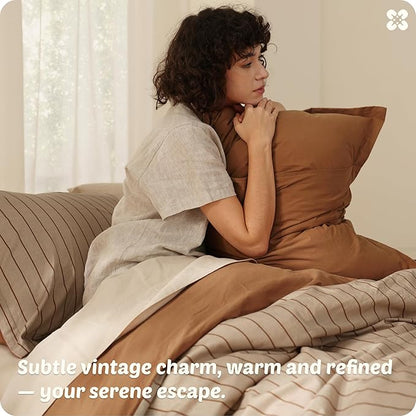 Bedsure Striped Duvet Cover King Size, 100% Washed Cotton PureWoven Duvet Cover Linen Like Textured, Classic Striped Pattern Enhances Bedroom Comfort and Style, Stripes Camel/Brown, 104"x90"