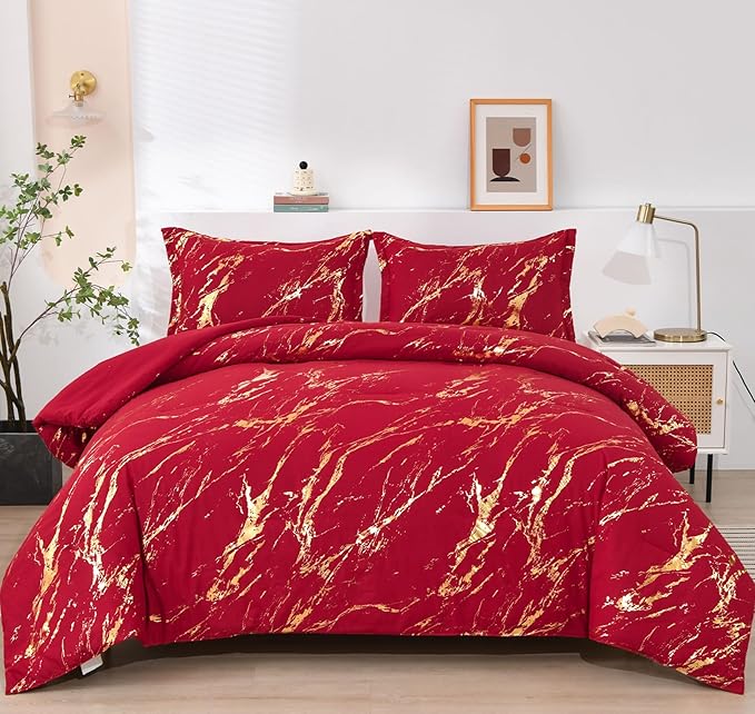 WONGS BEDDING Red Gold Metallic Marble Comforter Set Queen,Red Christmas Bedding Sets with 2 Pillowcases for All Seasons, Soft Microfiber Filling Bedding Duvet Set 90"x90"