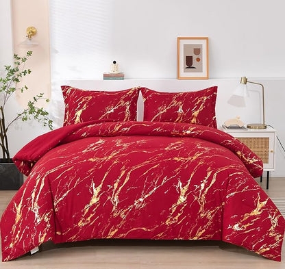 WONGS BEDDING Red Gold Metallic Marble Comforter Set Queen,Red Christmas Bedding Sets with 2 Pillowcases for All Seasons, Soft Microfiber Filling Bedding Duvet Set 90"x90"