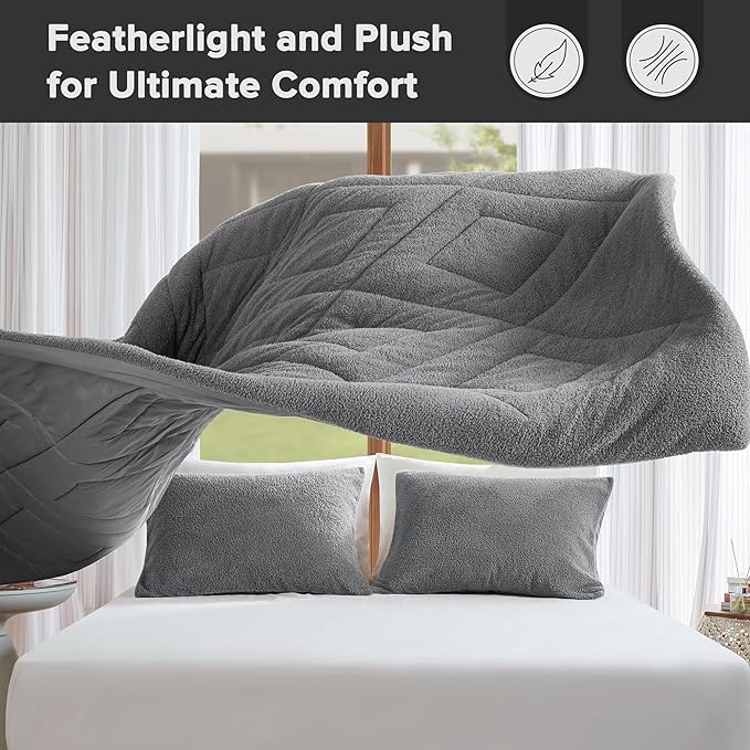 Comfort Spaces Twin Comforter Set Reversible Feather-Soft Plush Comforters for Twin Size Bed All Season Lightweight Shearling Fleece Sherpa Comforter Twin Size Bed Set, Twin/Twin XL, Grey 2 Piece