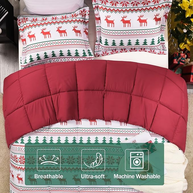downluxe Christmas Comforter Set Queen with 2 Pillow Shams - Christmas Decoration Comforter Set with Reindeer and Snowflake Patterns - Bed Comforter Queen Set(3-Piece Set)