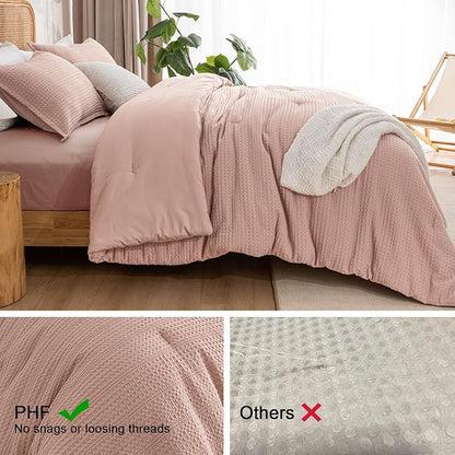 PHF Soft Waffle Comforter Set Twin Size- Comfy Breathable Waffle Weave Comforter with 1 Pillow Shams, 2 Pieces Less Snagging Lightweight Textured Bedding Set for All Season, Rose Pink