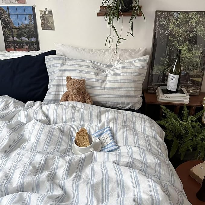 MKXI Twin XL Size Duvet Cover Set - 100% Washed Cotton Blue & White Striped Bedding, Soft & Breathable 3-Piece Set with Zipper Closure & Corner Ties, Modern Coastal Vintage Style