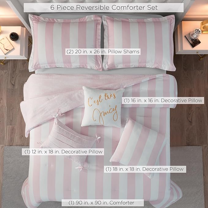 Juicy Couture Cabana Stripe Reversible Bedding Set - Queen/Full Size - Dogwood Pink/White Stripe Print – 6 Piece Set – Includes 1 90" x 90" Comforter, 3 Decorative Pillows, 2 Shams