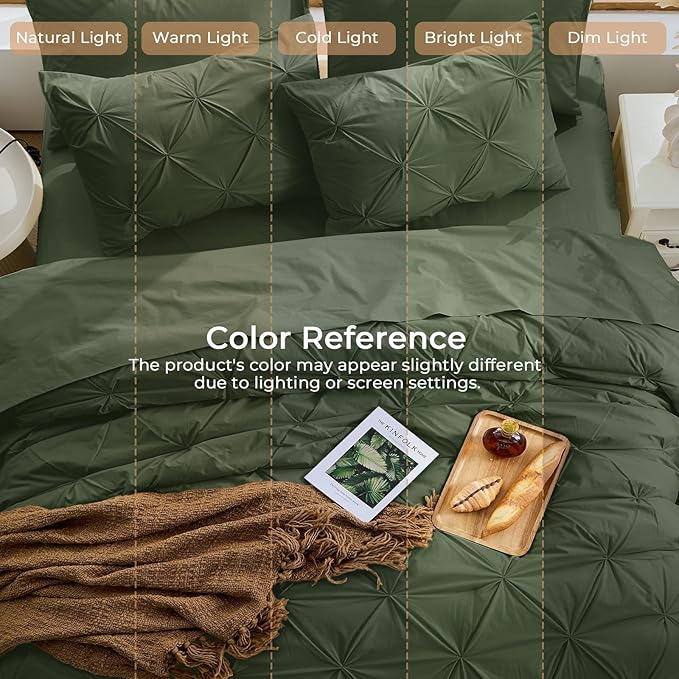 Sasttie King Size Comforter Set, 7-Piece Bed in a Bag, Pintuck Bedding Sets for All Season, Includes Comforter, Flat Sheet, Fitted Sheet, Pillowcases and Pillowshams, Dark Green