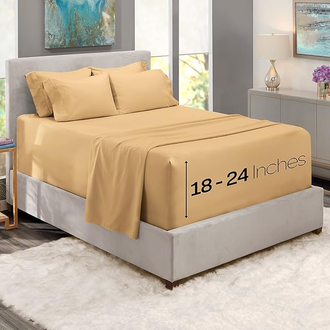 Hearth & Harbor Extra Deep Pocket Queen Sheets Sets - Fits Mattress 18-24 Inches Deep - Extra Deep Pocket Sheets - 6 Piece Queen Size - Camel