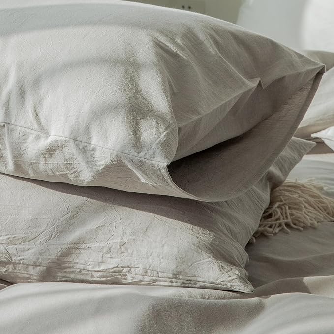 MooMee Bedding Pillowcases Pack of 2 100% Washed Cotton Linen Like Textured Breathable Durable Soft Comfy (Pastel Grey, Queen)