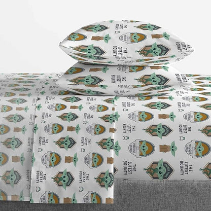 Jay Franco Kids Sheet Cartoon Set with Fitted, Flat Sheets & Pillow Cover - Ultra-Soft Bedding with Pillowcase for Room Decor, White - Mandalorian, 4 Piece Full