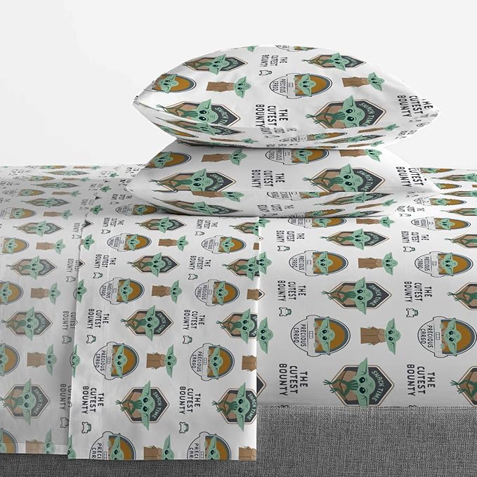 Jay Franco Kids Sheet Cartoon Set with Fitted, Flat Sheets & Pillow Cover - Ultra-Soft Bedding with Pillowcase for Room Decor, White - Mandalorian, 4 Piece Queen