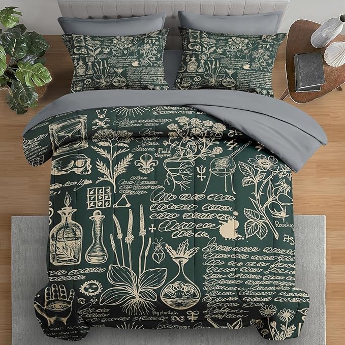 Comforter Set Queen Size, Retro Herbs 7 Pcs Bedding for Kids and Adults, Flower Vintage Leaf Bed Sheet Sets with Fitted Sheet 2 Pillowcases & 2 Shams for Bedroom Bed Decor