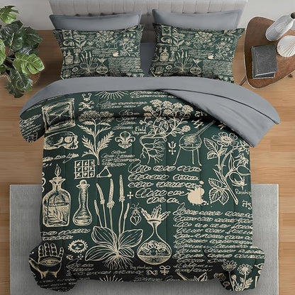 Comforter Set Queen Size, Retro Herbs 7 Pcs Bedding for Kids and Adults, Flower Vintage Leaf Bed Sheet Sets with Fitted Sheet 2 Pillowcases & 2 Shams for Bedroom Bed Decor