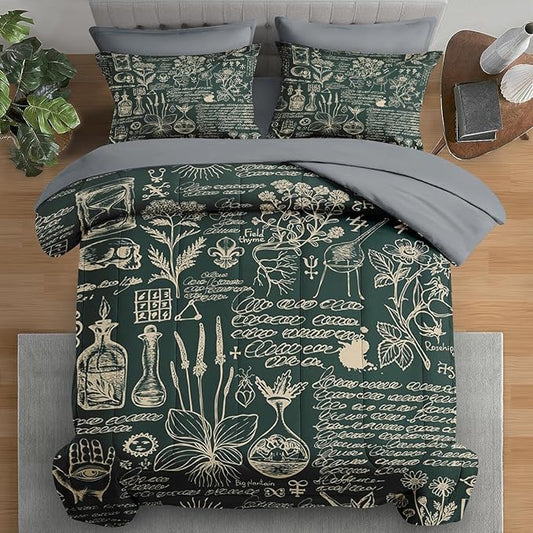 Comforter Set Queen Size, Retro Herbs 7 Pcs Bedding for Kids and Adults, Flower Vintage Leaf Bed Sheet Sets with Fitted Sheet 2 Pillowcases & 2 Shams for Bedroom Bed Decor