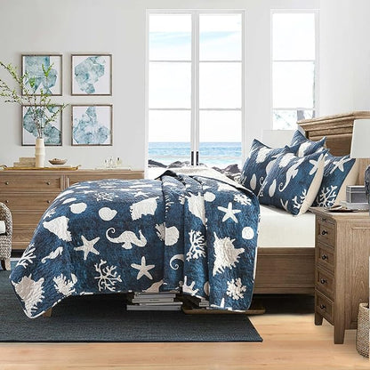 HORIMOTE HOME Coastal Quilt Bedding Set Queen Size, Reversible Navy Summer Beach Quilt Lightweight Ocean Nautical Comforter Tropical Bedspread Coverlet with 2 Pillow Shams for All Seasons (90"x96")