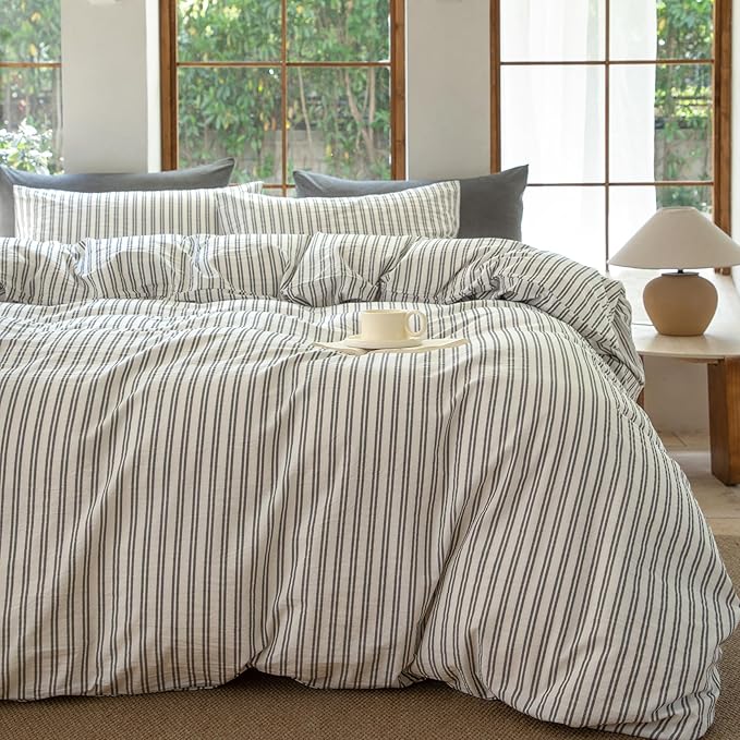 Striped Duvet Cover Set,100% Washed Cotton Line Like Breathable Trendy Bedding Set(Strip-White/Black,Full)