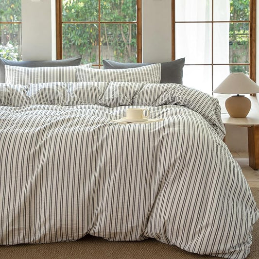 Striped Duvet Cover Set,100% Washed Cotton Line Like Breathable Trendy Bedding Set(Strip-White/Black,Full)