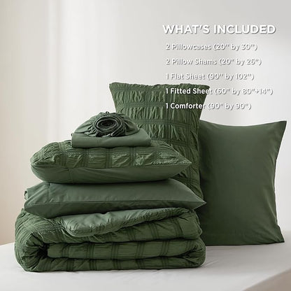 Bedsure Bed in a Bag Queen - 7 Pieces Plaid Seersucker Bedding Comforter Sets, Soft Lightweight Olive Green Boho Bed Set with Comforters Queen Size, Sheets, Pillowcases & Shams