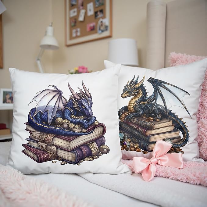 Vintage Magical Blue Dragon Reading Book Decorative Throw Pillow Covers 18x18 Set of 2, Fantasy Room Decor for Kids, Gamers, and Bookworms,Reading Nook Decor, Gifts for Bookworm Readers