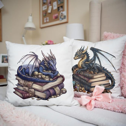 Vintage Magical Blue Dragon Reading Book Decorative Throw Pillow Covers 18x18 Set of 2, Fantasy Room Decor for Kids, Gamers, and Bookworms,Reading Nook Decor, Gifts for Bookworm Readers