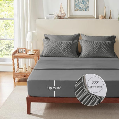 Zzlpp King Comforter Set 7 Pieces, Dark Grey Tufted Bed in a Bag with Comforter and Sheets, All Season Boho Bedding Sets with Comforter, 2 Pillow Shams, 2 Pillowcases, 1 Flat Sheet, 1 Fitted Sheet