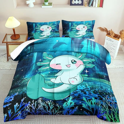 Cute Axolotl Comforter Set Kids Blue Axolotl Bedding Set Boys Girls King Size Kawaii Ocean Animal Print Comforter Boys Girls Ocean Sealife Room Decor Blue Fish Quilt Bedding