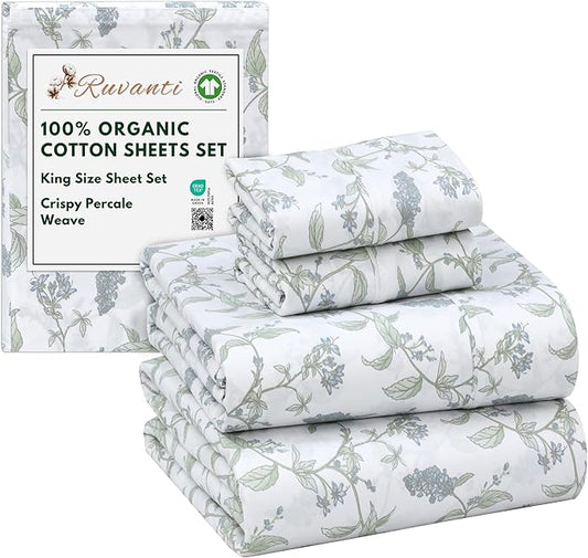 RUVANTI 100% Organic Cotton Sheets King Size, Percale Weave, GOTS Certified, 4-Piece Set, Deep Pocket 15", Crisp & Breathable, Soft Durable Bedding, Sábanas Algodón Orgánico – Vine Yard