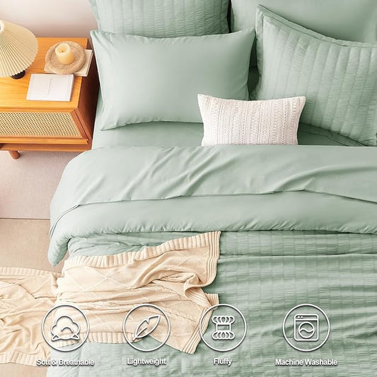 CozyLux King Size Comforter Set Sage Green Seersucker 7 Pieces Bed in a Bag King Comforter Set with Sheets, Luxury Bedding Sets with Down Alternative Comforter, Sheets, Pillowcases & Shams All Seasons