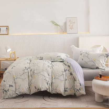 OAITE Duvet Cover Queen Size - 100% Cotton Comforter Cover Floral Duvet Cover Sets 3-PC, Breathable Duvet Cover with Zipper Closure & Corner Ties