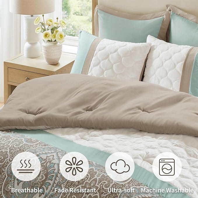510 DESIGN Luxe Quilted Comforter Set Modern Transitional Design, All Season Down Alternative Warm Bedding Matching Shams, Bedskirt, Decorative Pillow, King, Shawnee Scrollwork Seafoam