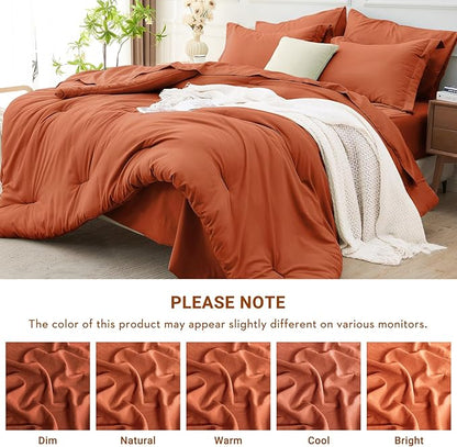 MUXHOMO 7 Pieces Queen Comforter Set, Soft Bed in a Bag Queen Size, All Season Bedding Set with Comforter, Flat Sheet, Fitted Sheet, Pillowcases & Shams, Burnt Orange