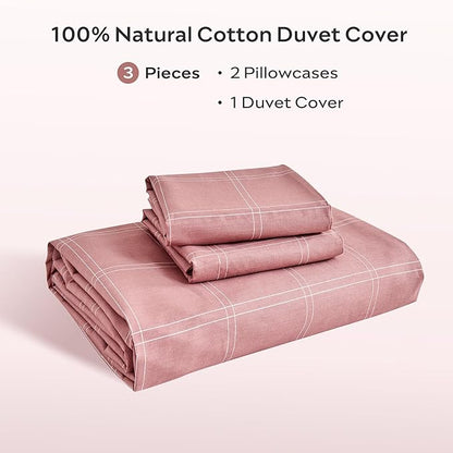 JELLYMONI 100% Natural Cotton Queen Duvet Cover Set, 3pcs Plaid Duvet Cover Sets with Zipper Closure, Grid Geometric Pattern Comforter Cover, Pink