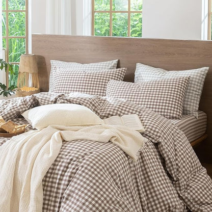 MooMee Bedding Pillowcases Gingham Pack of 2 100% Washed Cotton Linen Like Textured Breathable Durable Soft Comfy (Classic Gingham Brown, King)