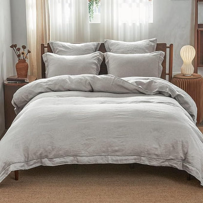 Simple&Opulence 100% Linen Duvet Cover Set with Embroidery Border Washed - 3 Pieces (1 Duvet Cover with 2 Pillow Shams) with Button Closure Soft Breathable Farmhouse - Light Grey, Full Size