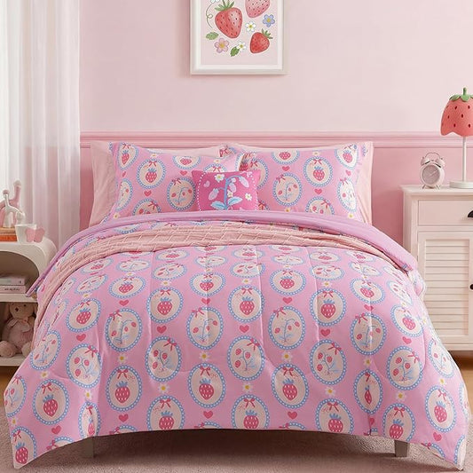 Full Size Comforter Set for Girls - 4 Pieces Pink Strawberry Full Bedding Sets for Kids,1 Comforter, 2 Shams and 1 Decor Pillow